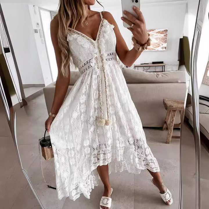 Maxi dress for women with a delicate lace pattern and playful details Lune London