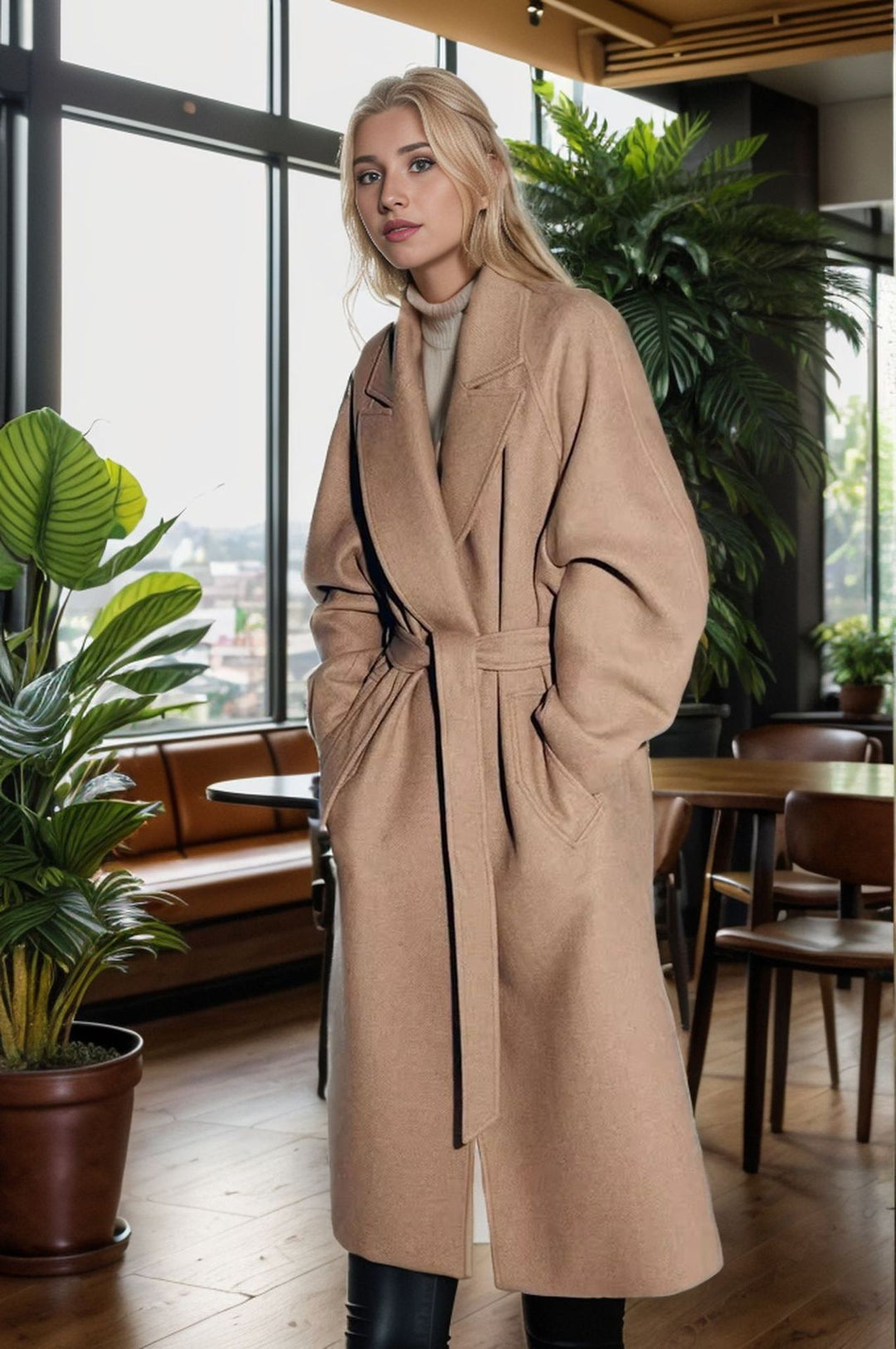 Elegant long coat for women with wide lapels and belt Lune London