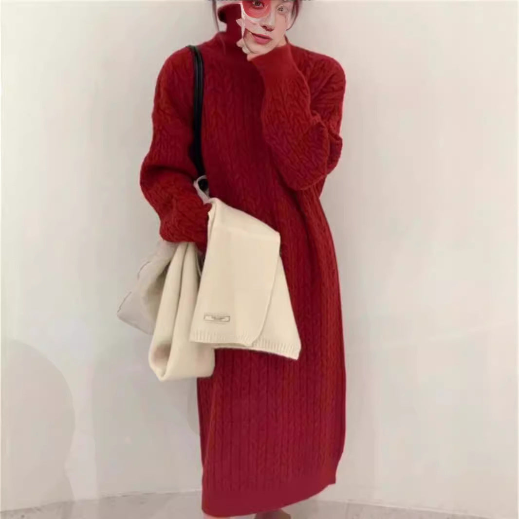 Knit dress for women with high collar and modern cable pattern Lune London