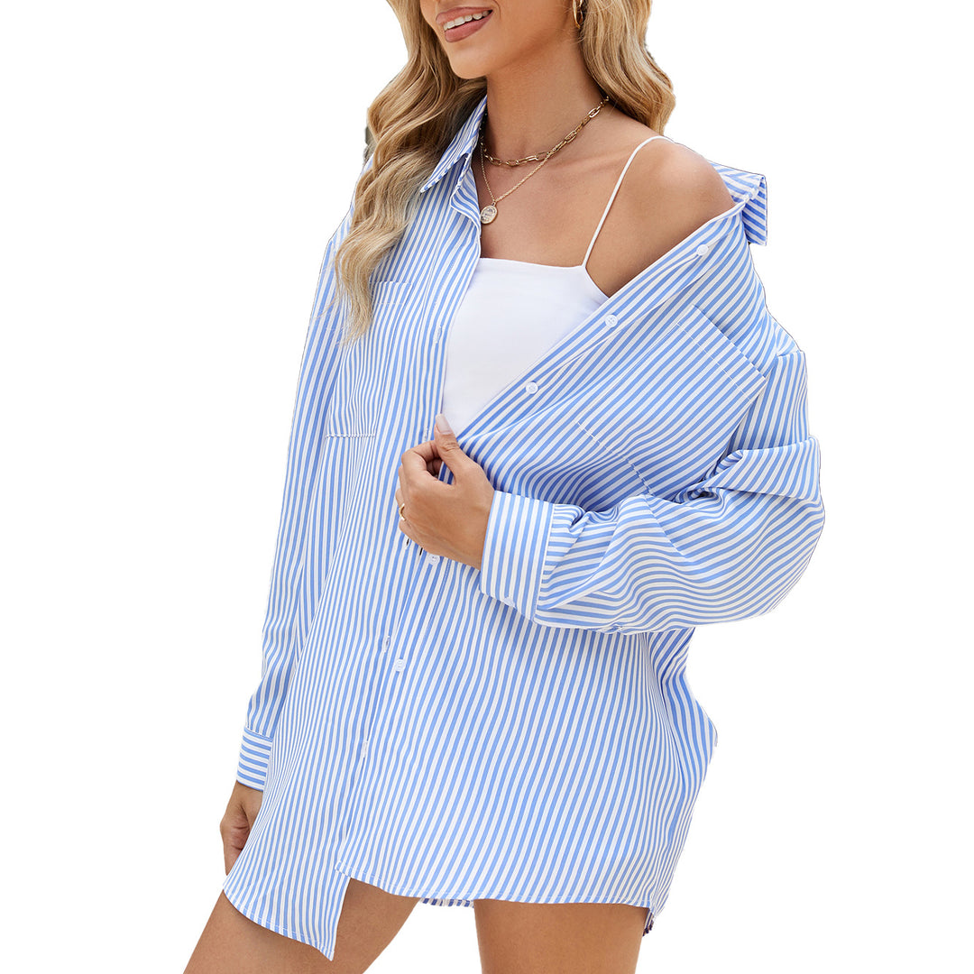 Casual oversized shirt for women with a subtle striped pattern and button details Lune London