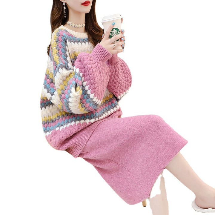 Pull tricoté confortable pour femmes avec un motif de blocs colorés et des manches volumineuses Chic & Stil