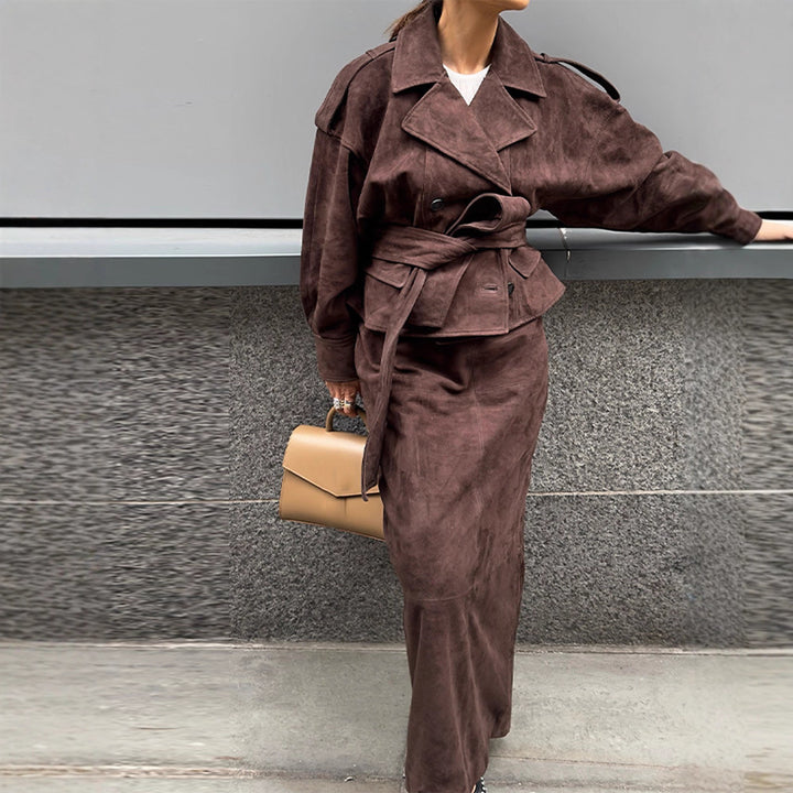 Suede leather jacket for women with matching skirt in a stylish set Lune London