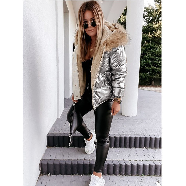 Ladies Shiny Winter Down Jacket with Removable Hood and Chic Faux Fur Collar