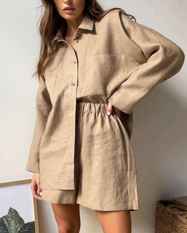 Casual button-up blouse for women and elastic waist shorts set Lune London