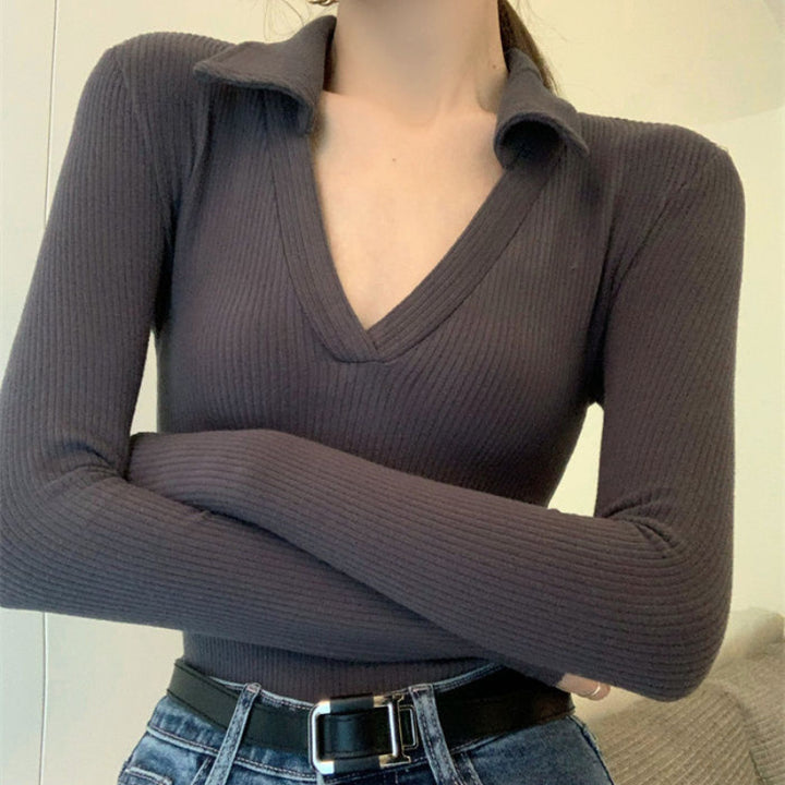 Women's Long Sleeve Top with V-Neck and Ribbed Texture Chic & Stil