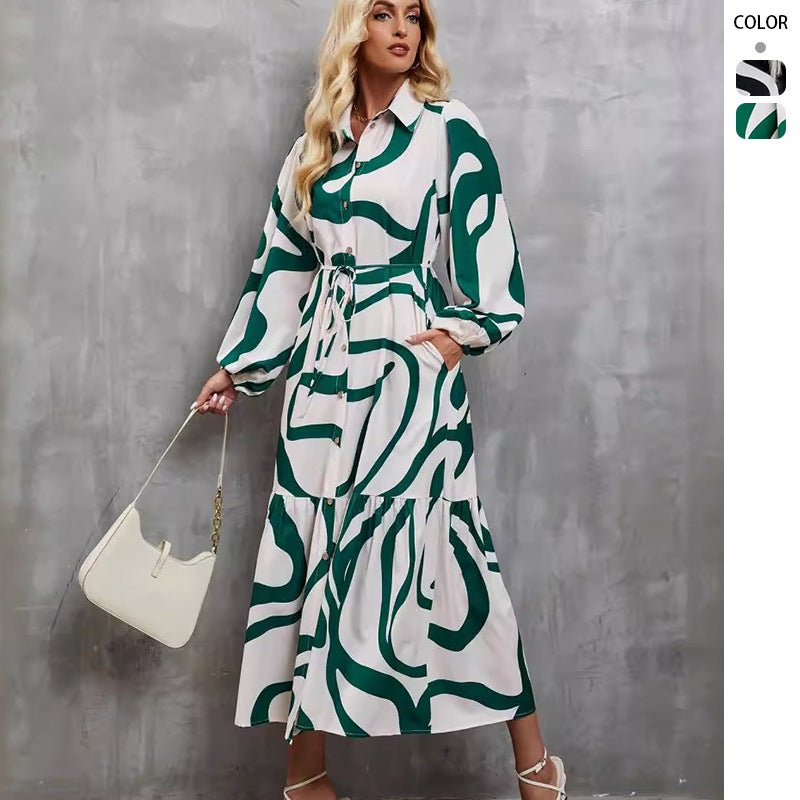 Women's Long Sleeve Dress with Sophisticated Graphic Design and Elegant Waist Belt Lune London