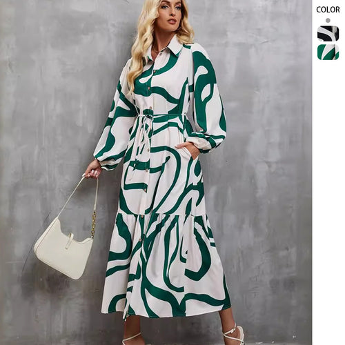 Women's Long Sleeve Dress with Sophisticated Graphic Design and Elegant Waist Belt Lune London