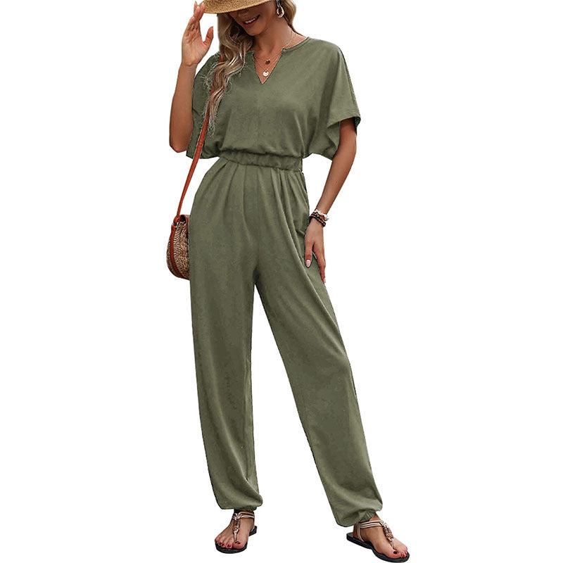 Ladies Elegant V Neck Jumpsuit with Elastic Waist and Wide Legs Lune London