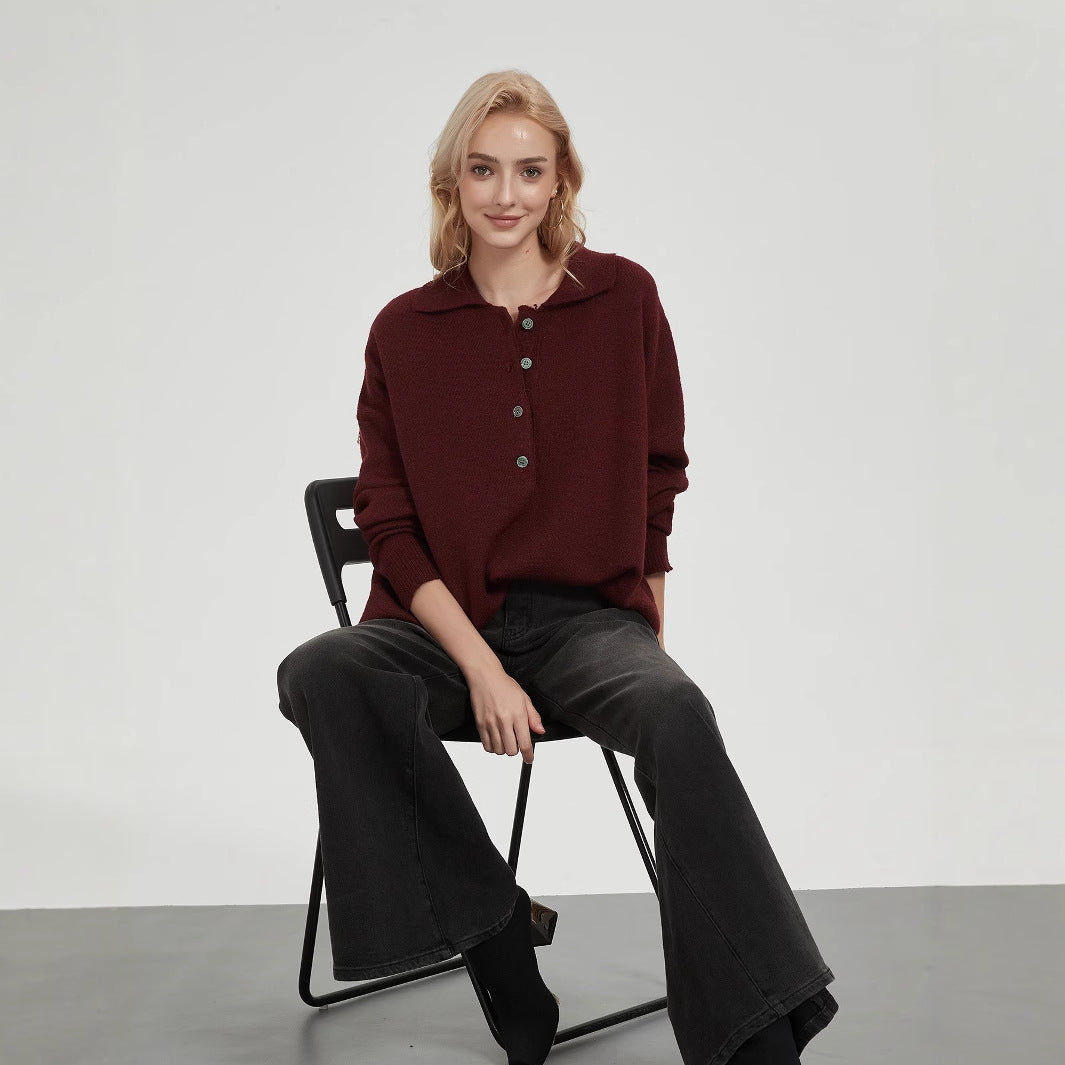 Ladies oversized knit sweater with elegant collar and button details Lune London