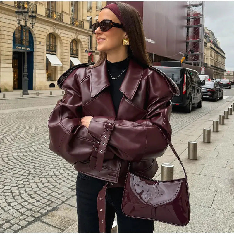 Trendy faux leather jacket for women with an oversized fit and structured shoulders Lune London