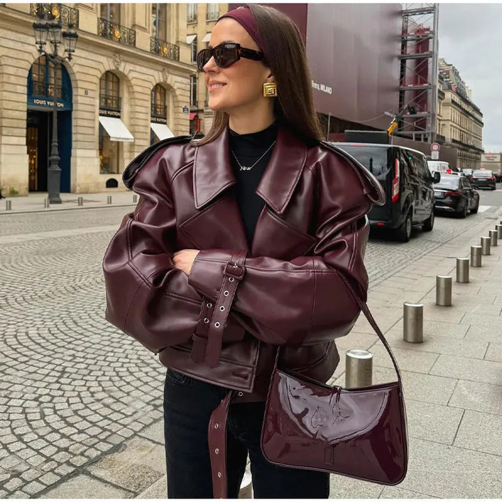 Trendy faux leather jacket for women with an oversized fit and structured shoulders Lune London