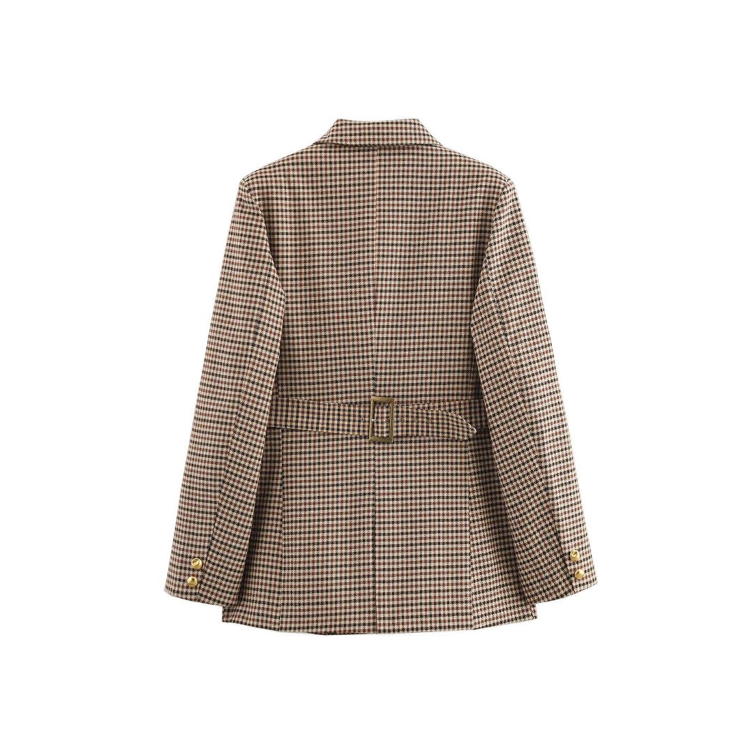 Elegant checked blazer jacket for women with gold buttons Lune London