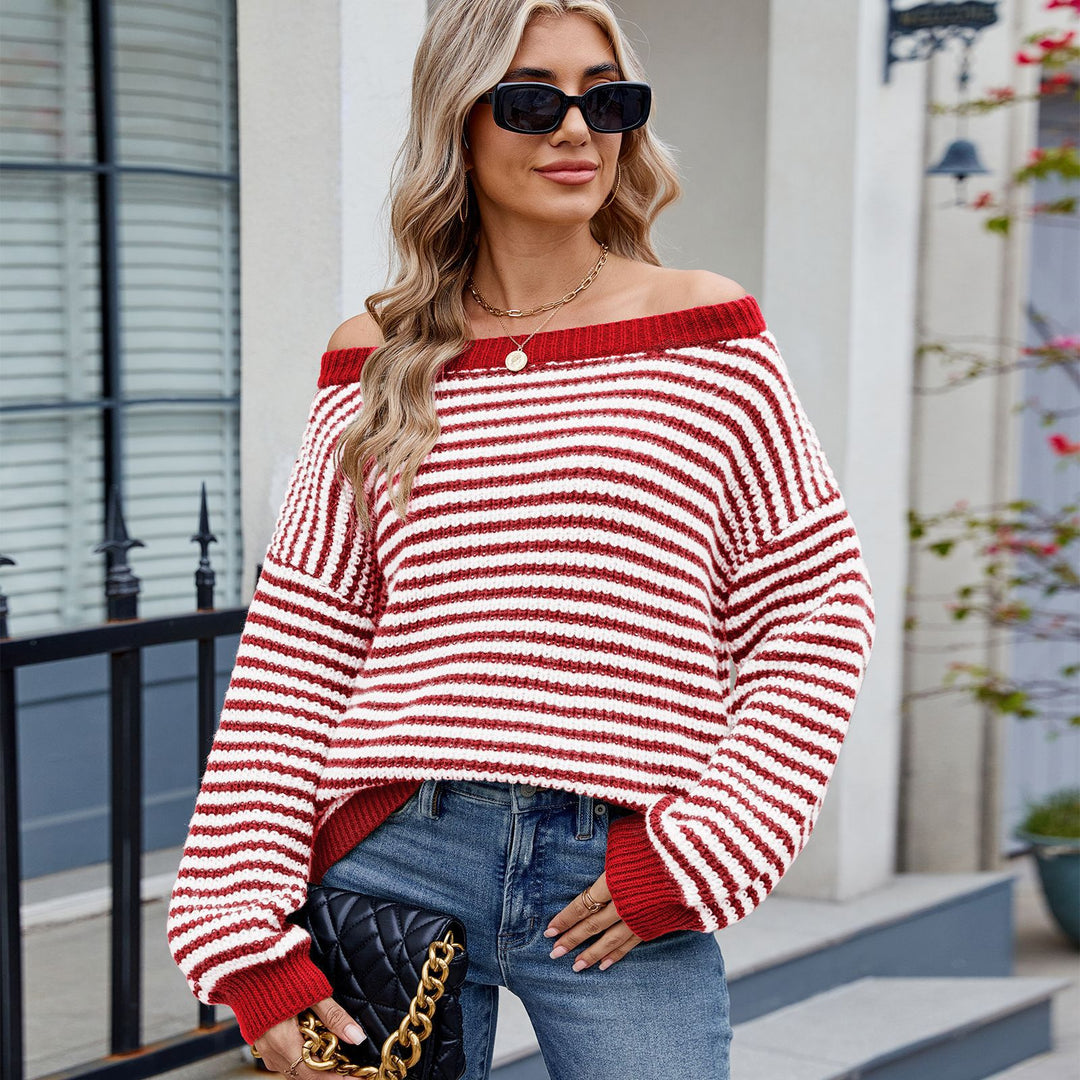 Round neck knitted sweater for ladies with off-shoulder design and striped pattern Lune London