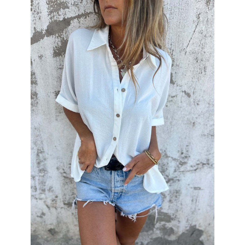Casual short-sleeve blouse for women with button details and roll neck Lune London