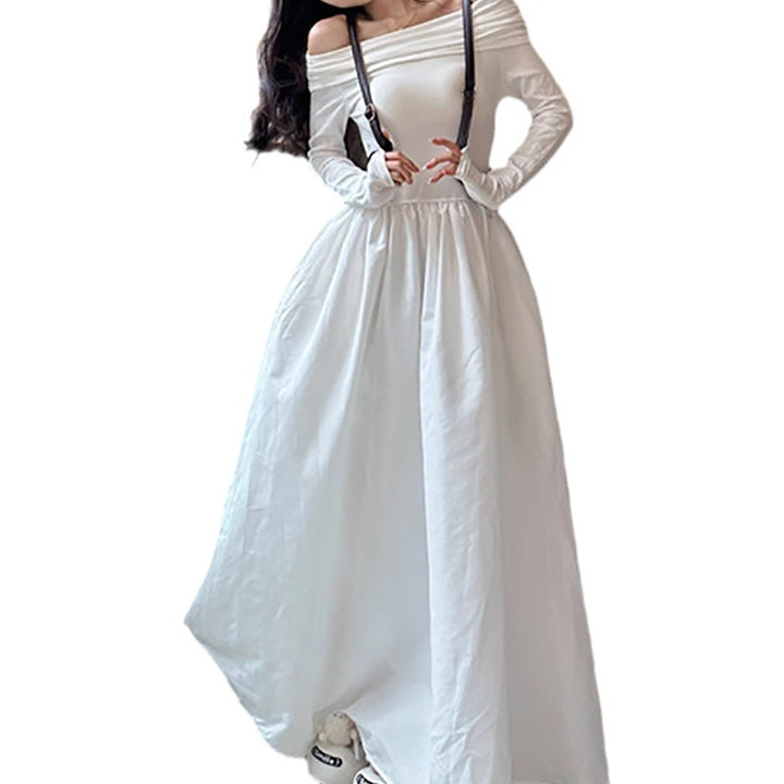 Women's elegant off-shoulder maxi dress with modern strap details Lune London