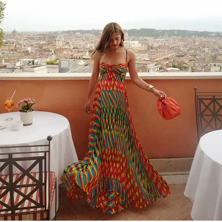 Maxi dress for ladies with eye-catching geometric pattern and adjustable spaghetti straps Lune London