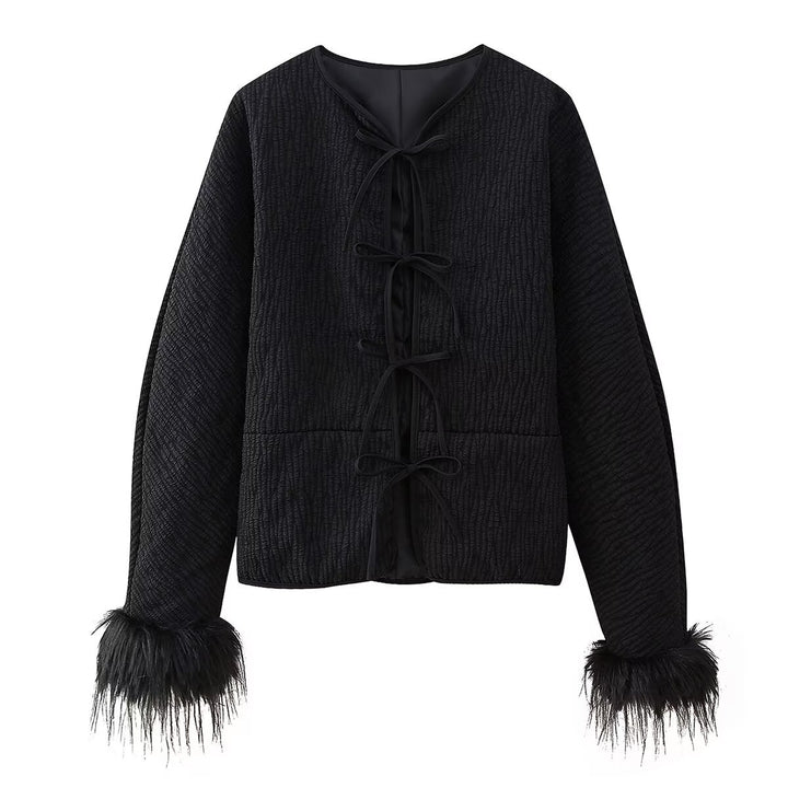 Elegant ladies' down jacket with elaborate ruffle details and high collar Lune London