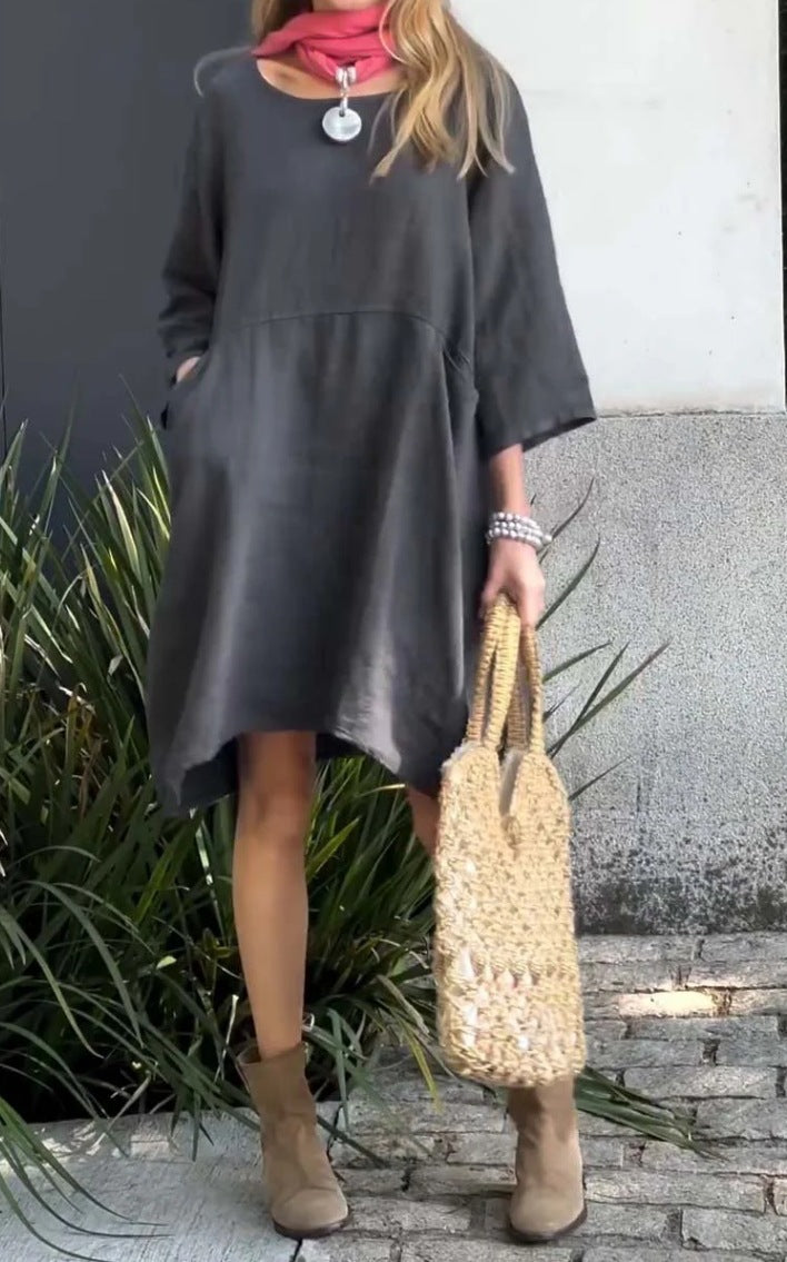 Casual linen dress for women with practical pockets and asymmetrical hem Lune London