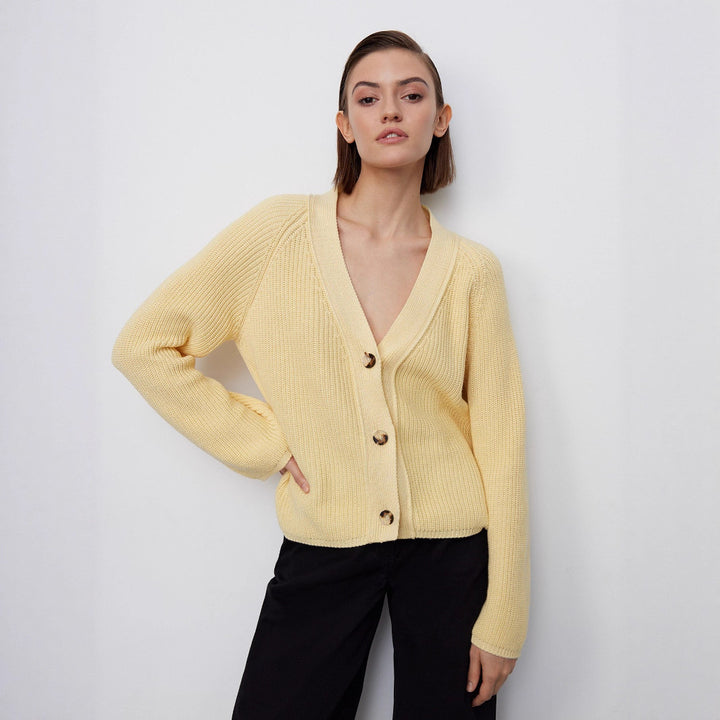 Women's knit jacket with large V-neck and button closure Lune London