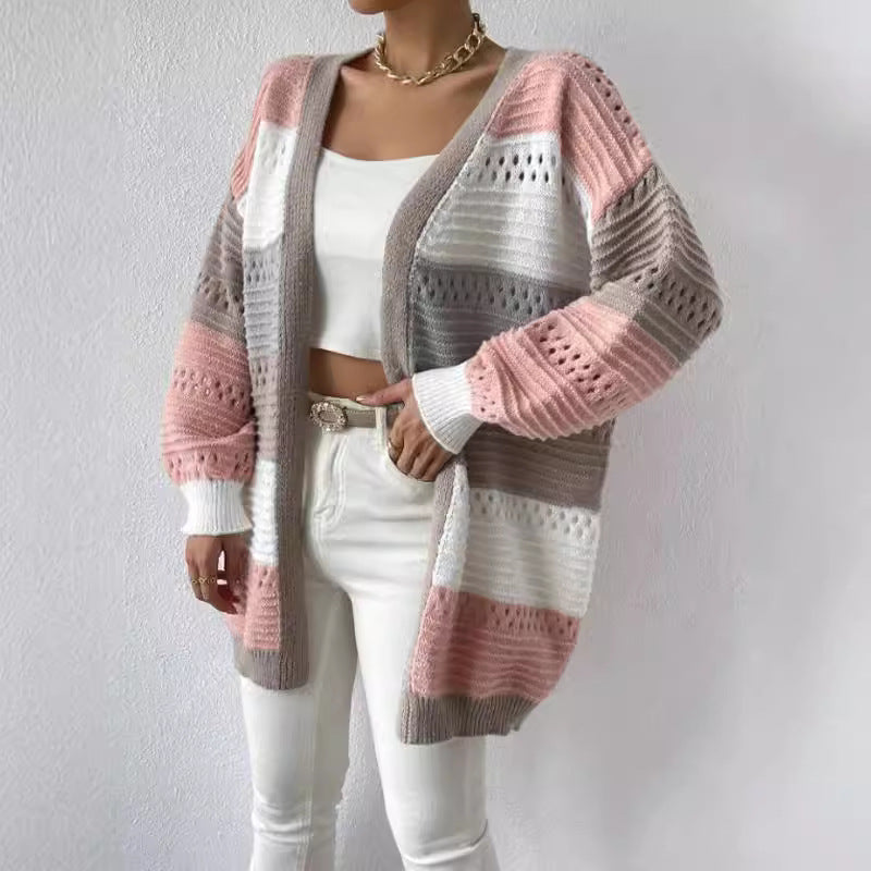 Ladies Casual Knit Cardigan with Modern Airy Patterns and Color Block Stripes Lune London