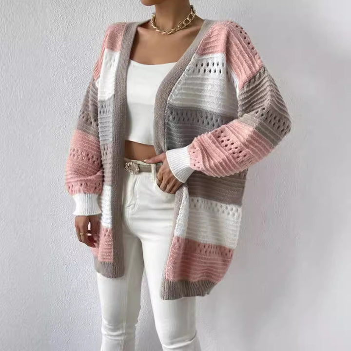 Ladies Casual Knit Cardigan with Modern Airy Patterns and Color Block Stripes Lune London