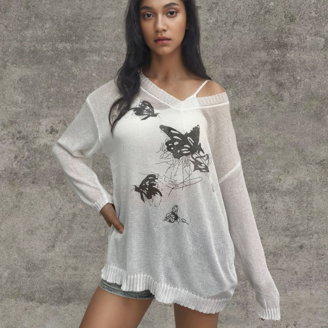 Ladies V neck sweater made of fine knit with butterfly design Lune London