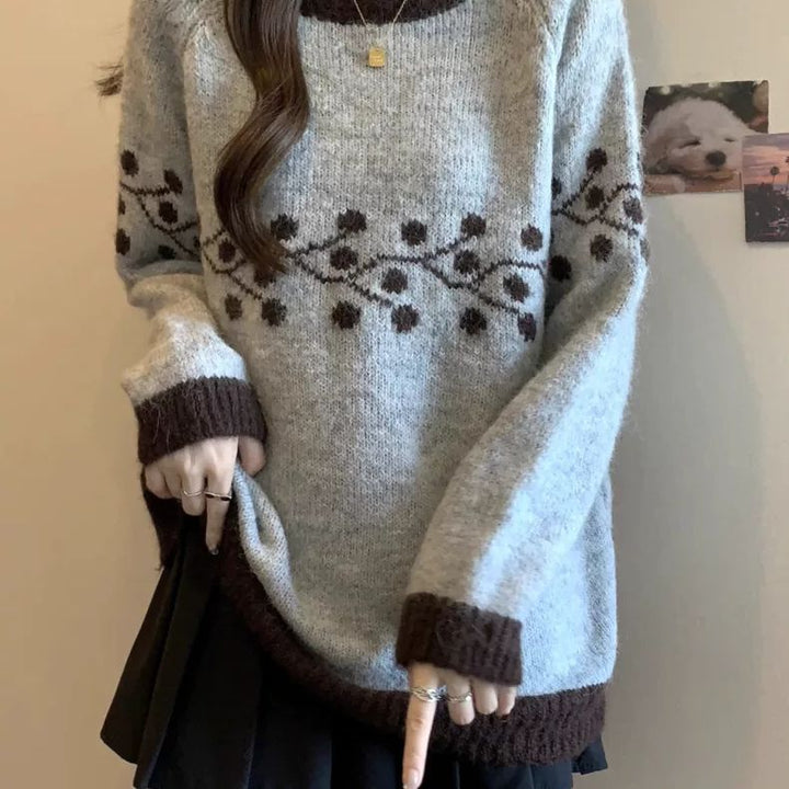 Pull doux en tricot pour femmes avec motif floral et détails en dentelle contrastés