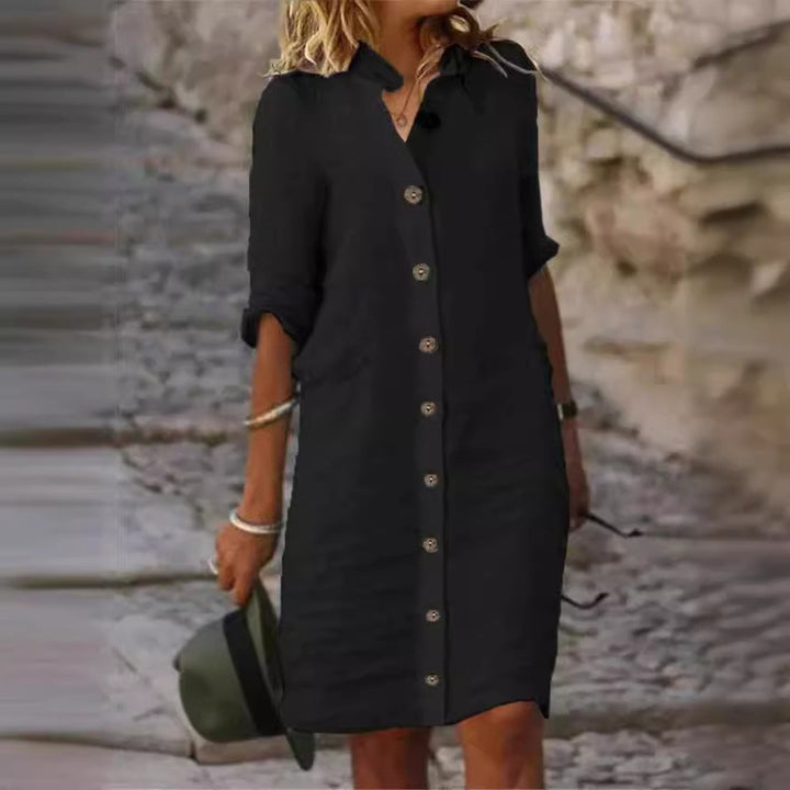 Linen shirt dress for women with button placket and roll-up sleeves Lune London