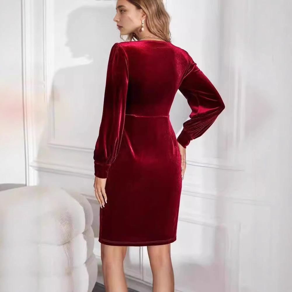 Velvet dress for women with elegant V-neckline and puff sleeves Lune London