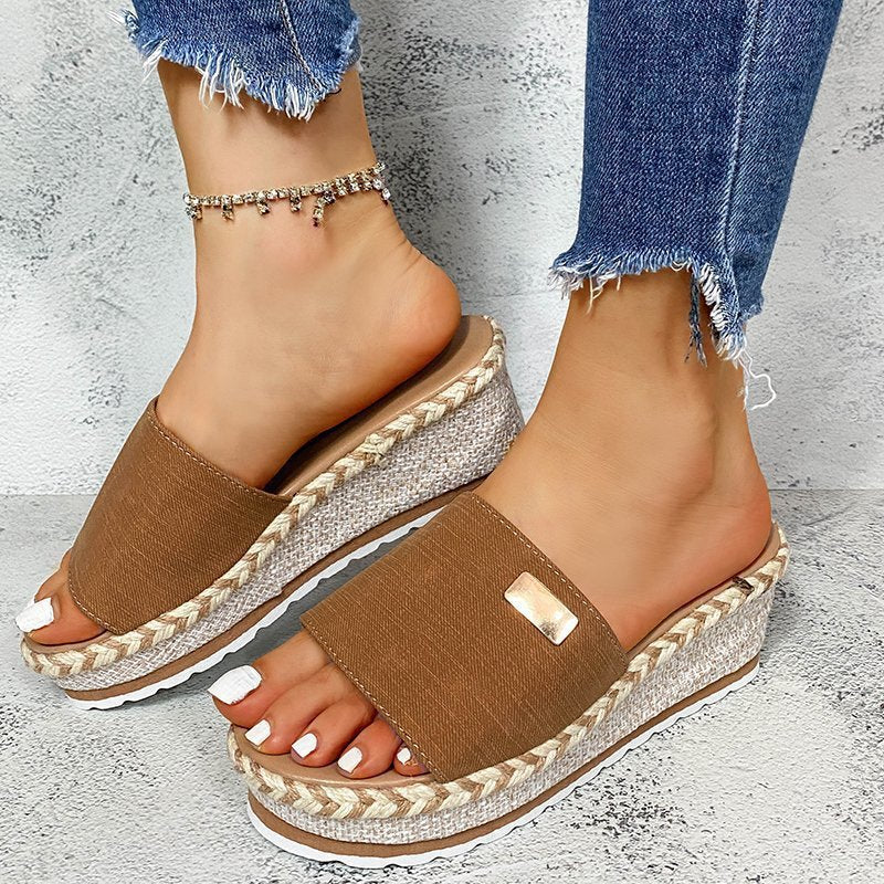 Platform sandals for women with woven rattan detail and comfortable sole Lune London