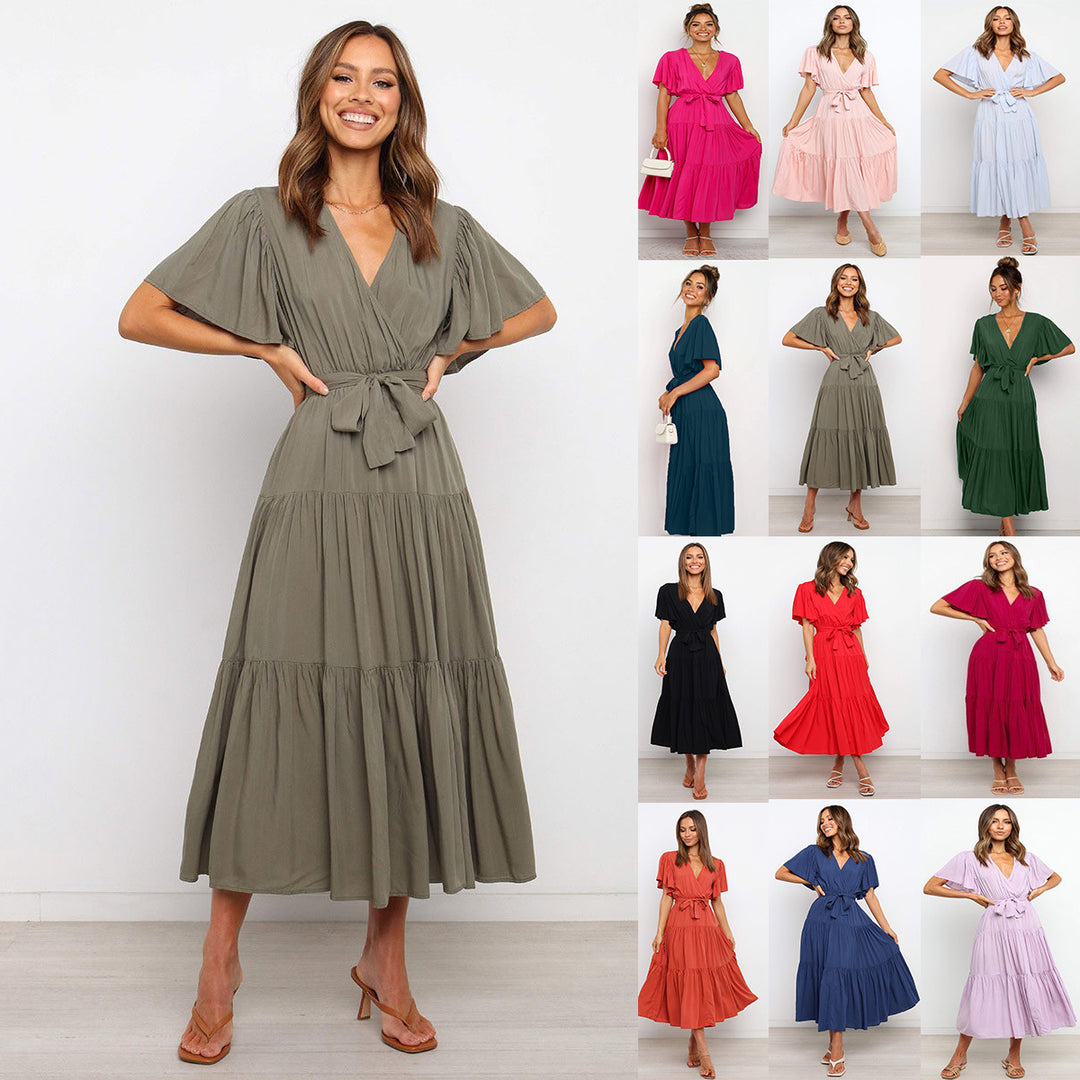 Lune London Fluid maxi dress for women with tie-up belt and butterfly sleeves
