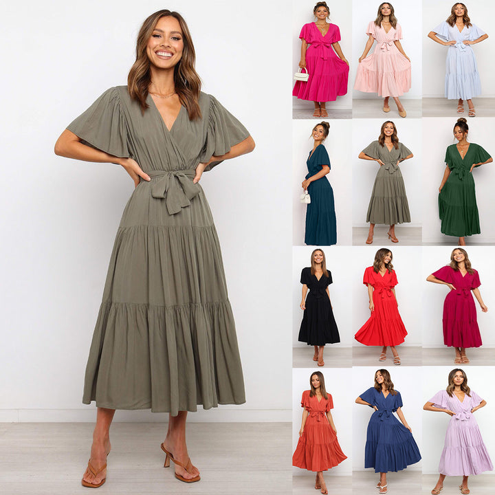 Lune London Fluid maxi dress for women with tie-up belt and butterfly sleeves
