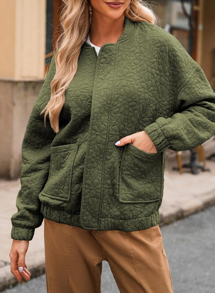 Quilted bomber jacket for women with floral design and practical pockets Lune London