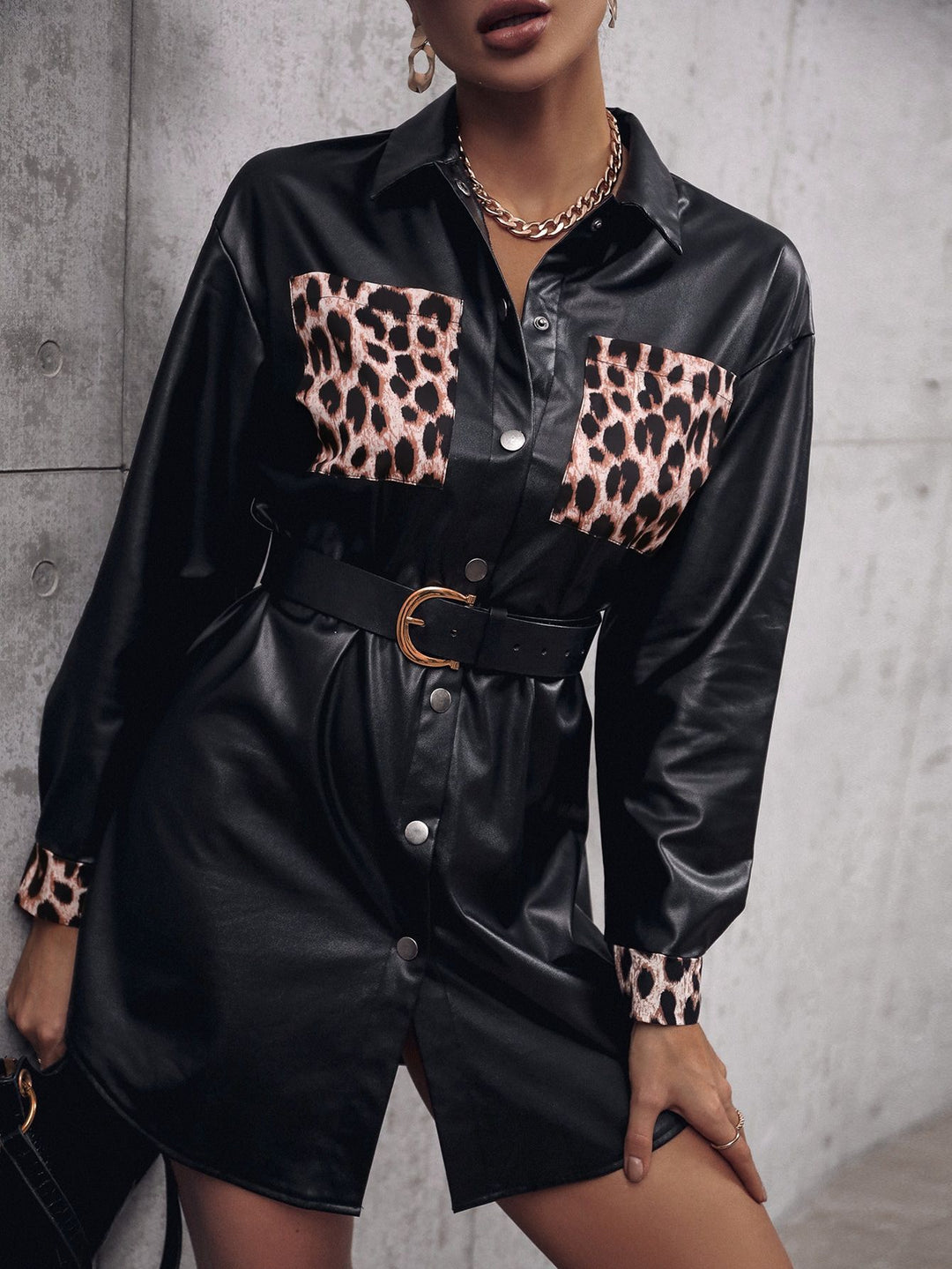 Shirt dress in faux leather for women with animal print and adjustable belt Lune London