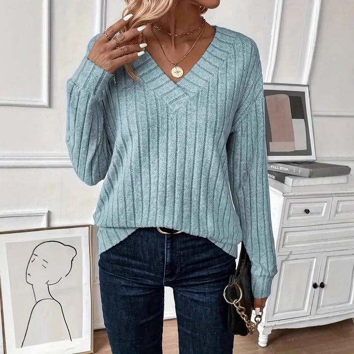 Ladies Elegant V-neck Sweater and Knit with Ribbed Design Lune London