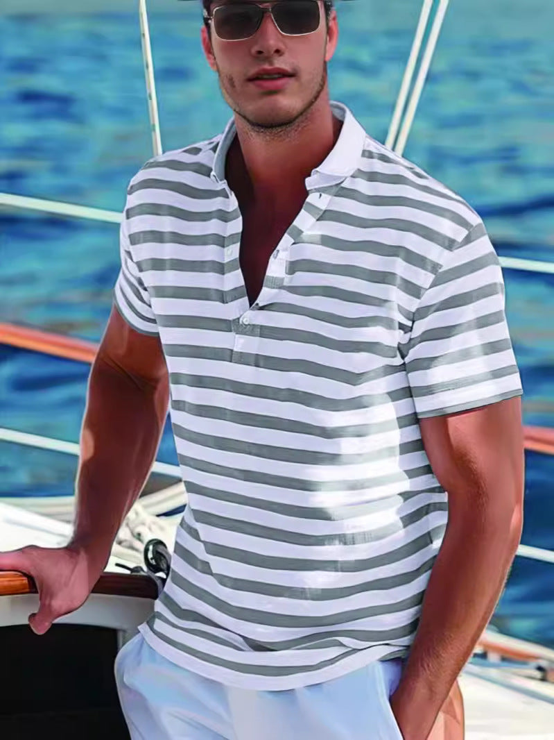 Men's polo shirt with modern nautical stripes and short stand-up collar Lune London