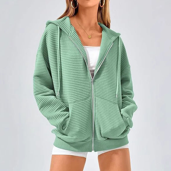 Ladies stylish hooded jacket with textured design and zipper Lune London
