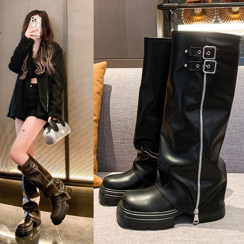 Knee-high boots for women with trendy zipper and adjustable strap Lune London