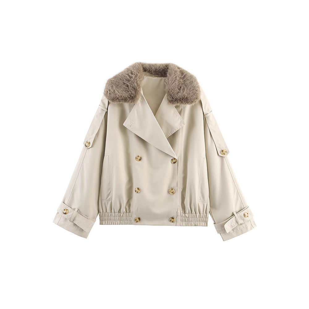 Ladies trendy transition jacket with removable fur collar and decorative buttons Lune London