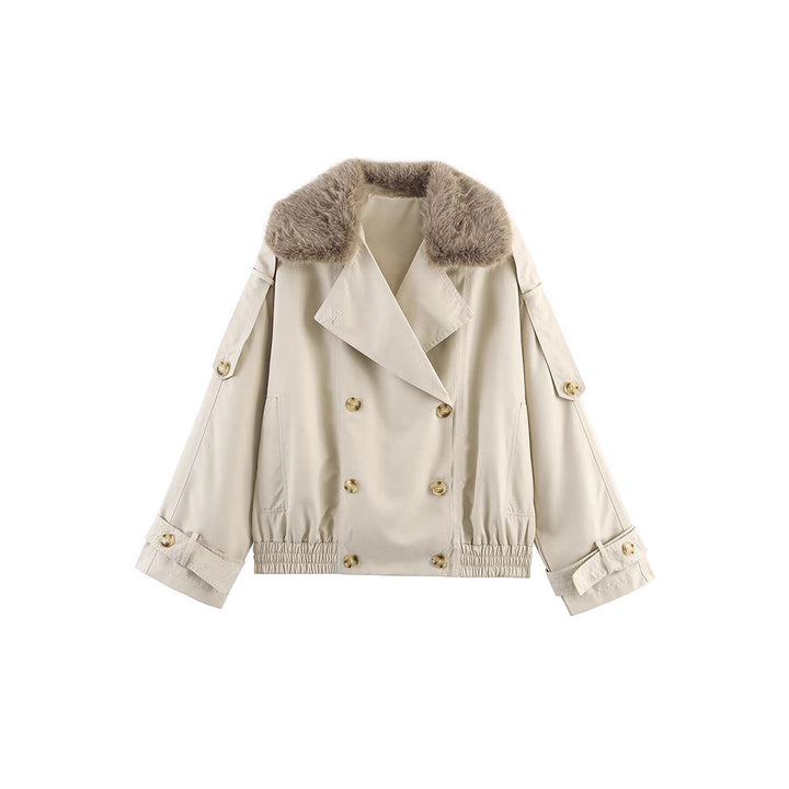 Ladies trendy transition jacket with removable fur collar and decorative buttons Lune London