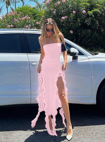 Women Elegant Split Maxi Dress with Chic Ruffles and Style
