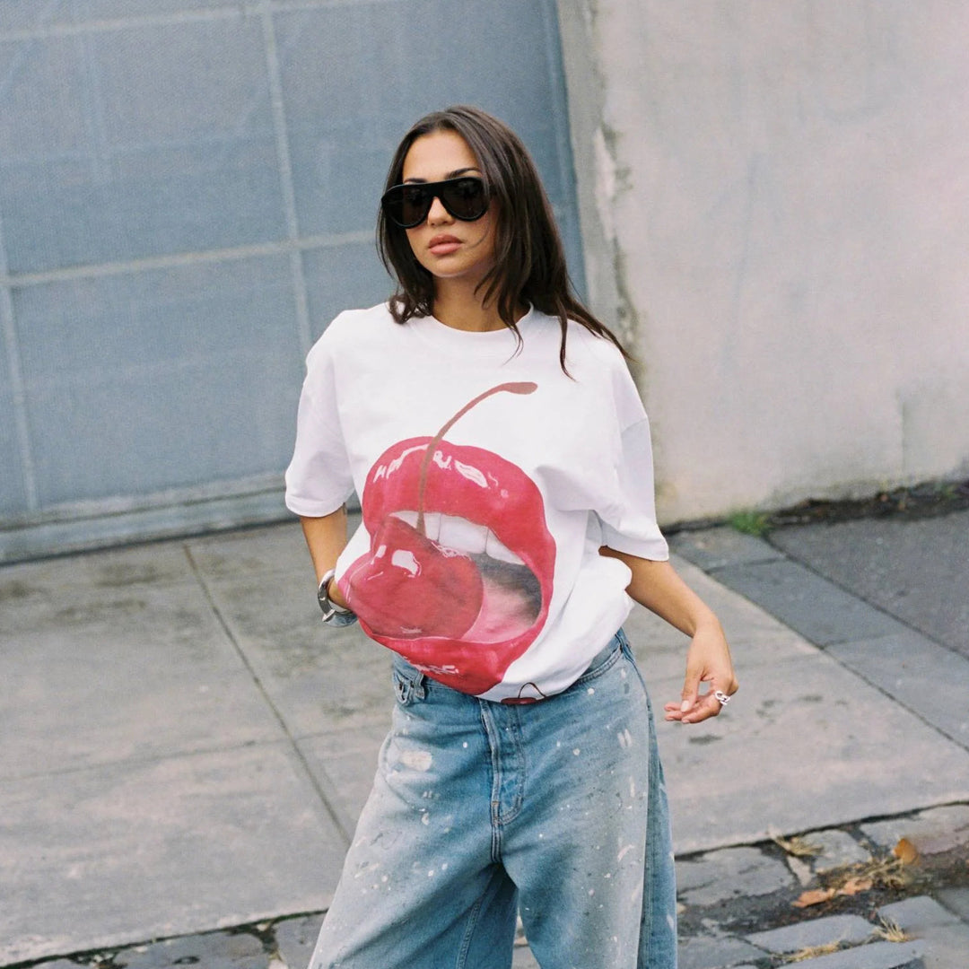 Graphic t-shirt for women with creative cherry pattern Lune London