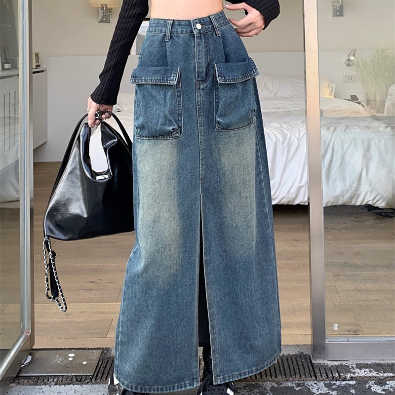 Jupe en denim longue pour femmes avec poches plaquées pratiques Chic & Stil