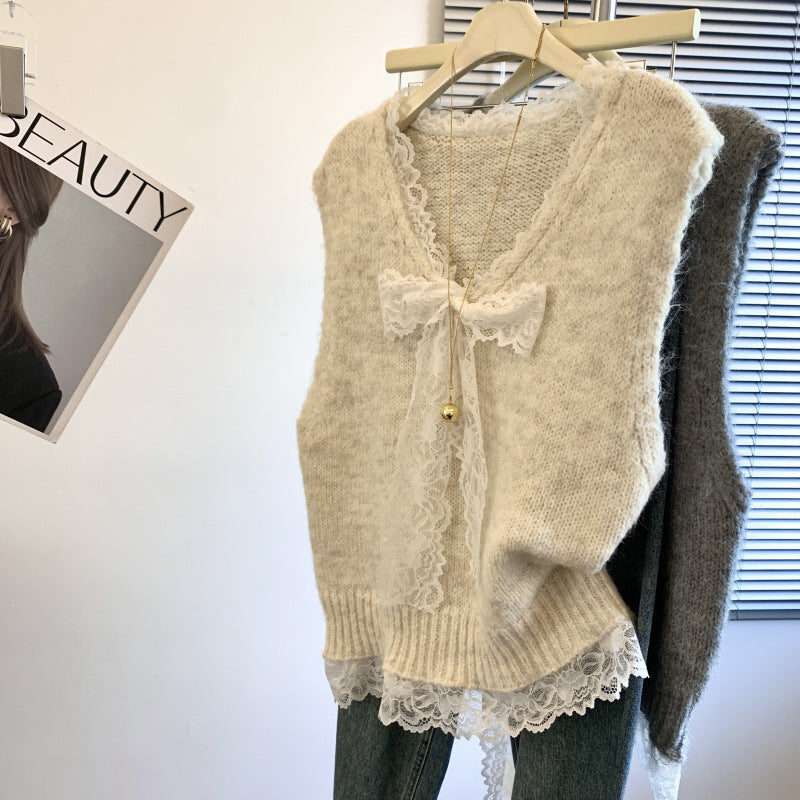 Gilet en tricot pour femmes avec un col en dentelle romantique et un détail de nœud décoratif