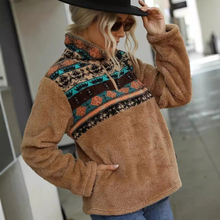 Fleece pullover for women with floral pattern and practical half-zip Lune London