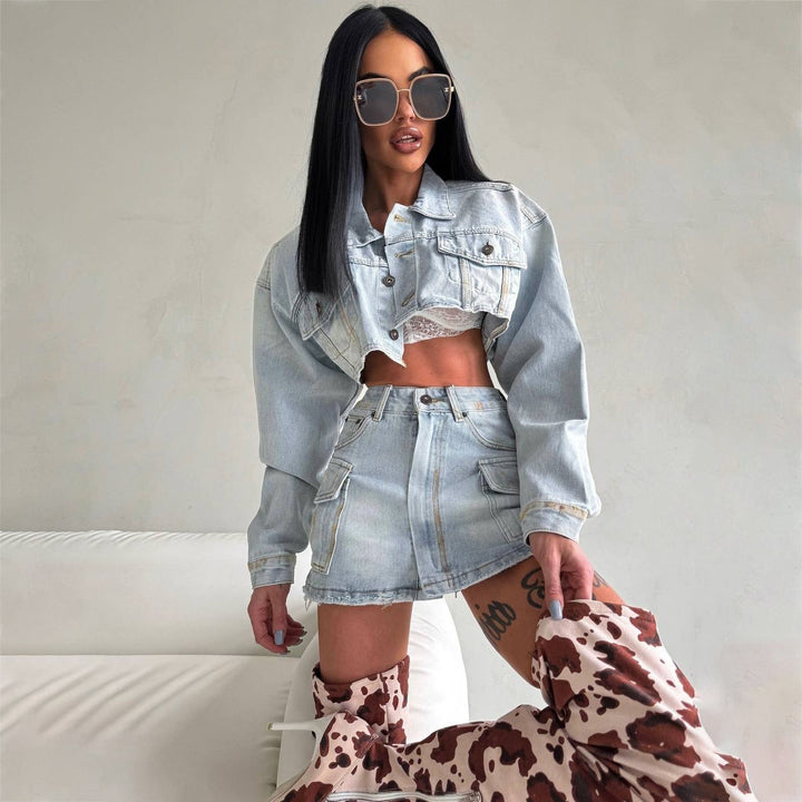 Women's cropped denim jacket with matching mini skirt in a modern utilitarian style Lune London