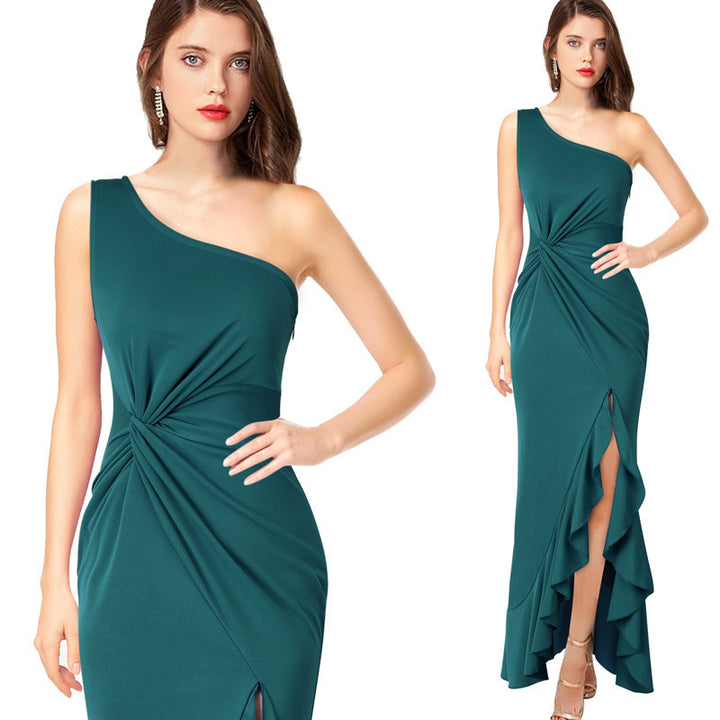 Maxi dress for women with asymmetrical neckline and elegant draped design Lune London
