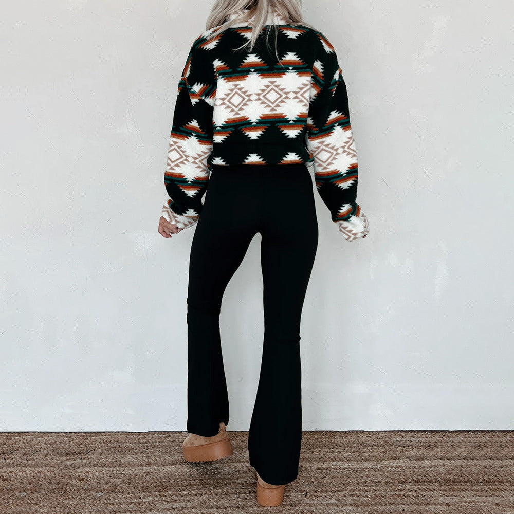 Women short sleeve fleece jacket with trendy ethnic design Lune London