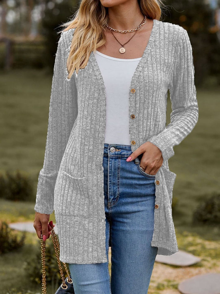 Women's knitted jacket with V-neck and practical pockets Lune London