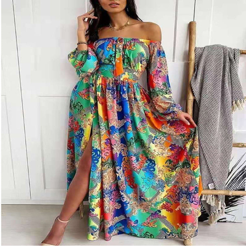 Off-shoulder maxi dress for women with elegant print Lune London